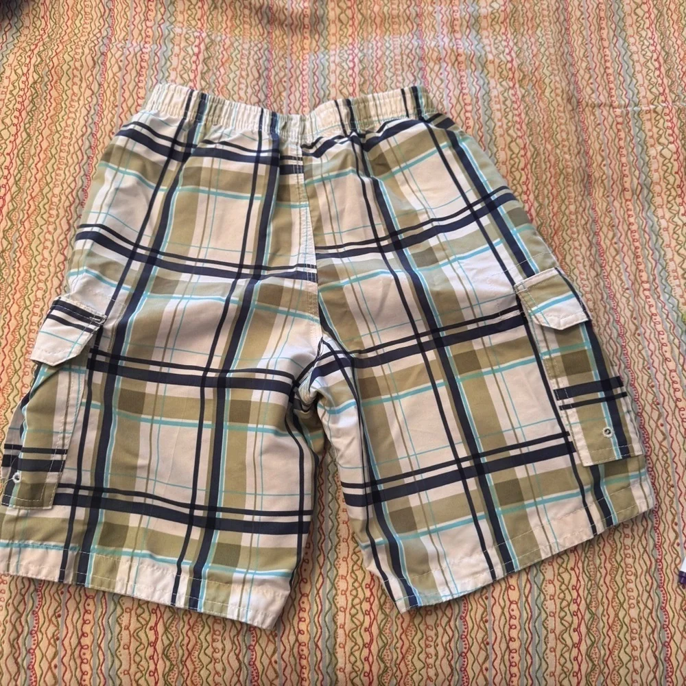RS Surf Boys Swim Trunks Board Shorts Green White Plaid Lined Tie Waist Size 5